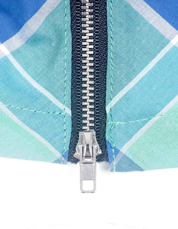 Zipper detail of Emerald-Blue Cotton Plaid Top