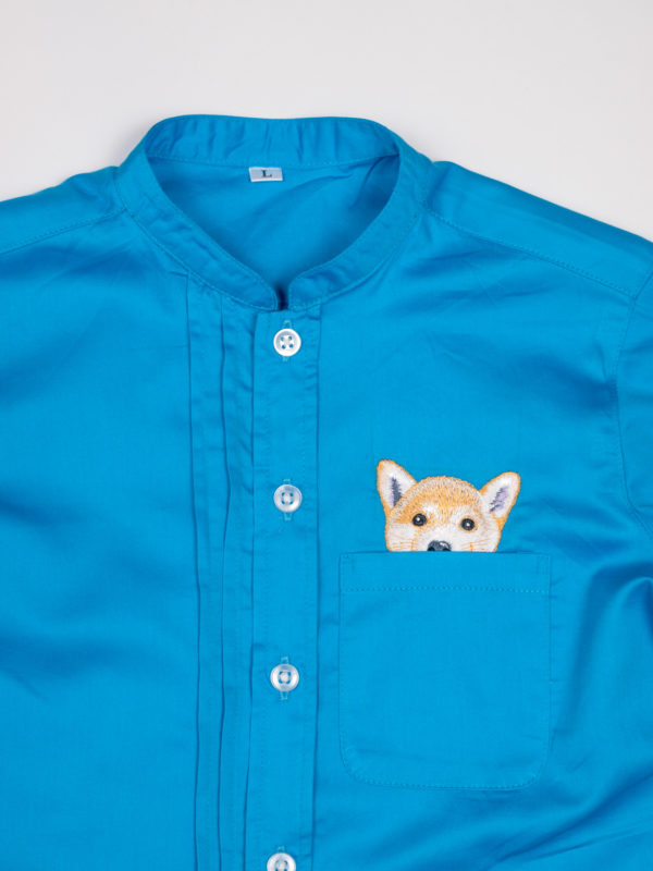 Woof Pup Short Sleeve shirt – Blue half body view