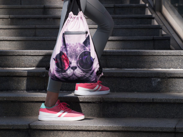 Cool Cat Drawstring bag back, reflective zipper feature