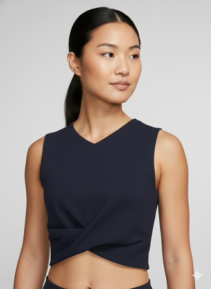Coreline sleeveless twist top only Coreline Sleeveless twist top navy blue model close up portrait