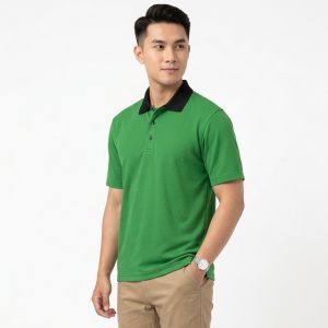 Half body shot of asian male model wearing the customizable team polo t shirt