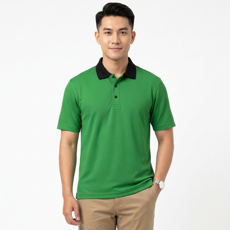 Cropped shot of asian male model wearing the green polo t shirt customizable team polo t-shirt looking at camera Cropped shot of asian male model wearing the green polo t shirt customizable team polo t-shirt looking at camera