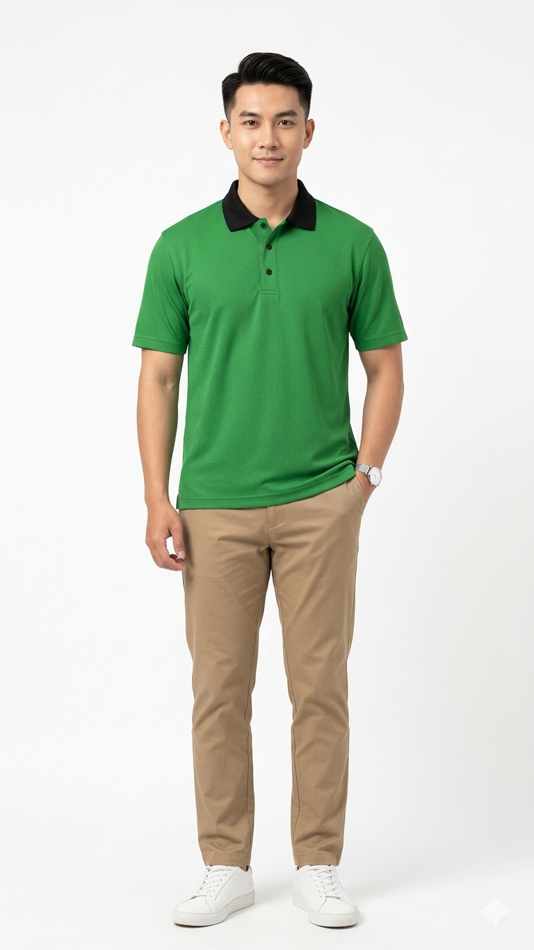 Full body shot of asian male model wearing the green polo t shirt listed looking at camera