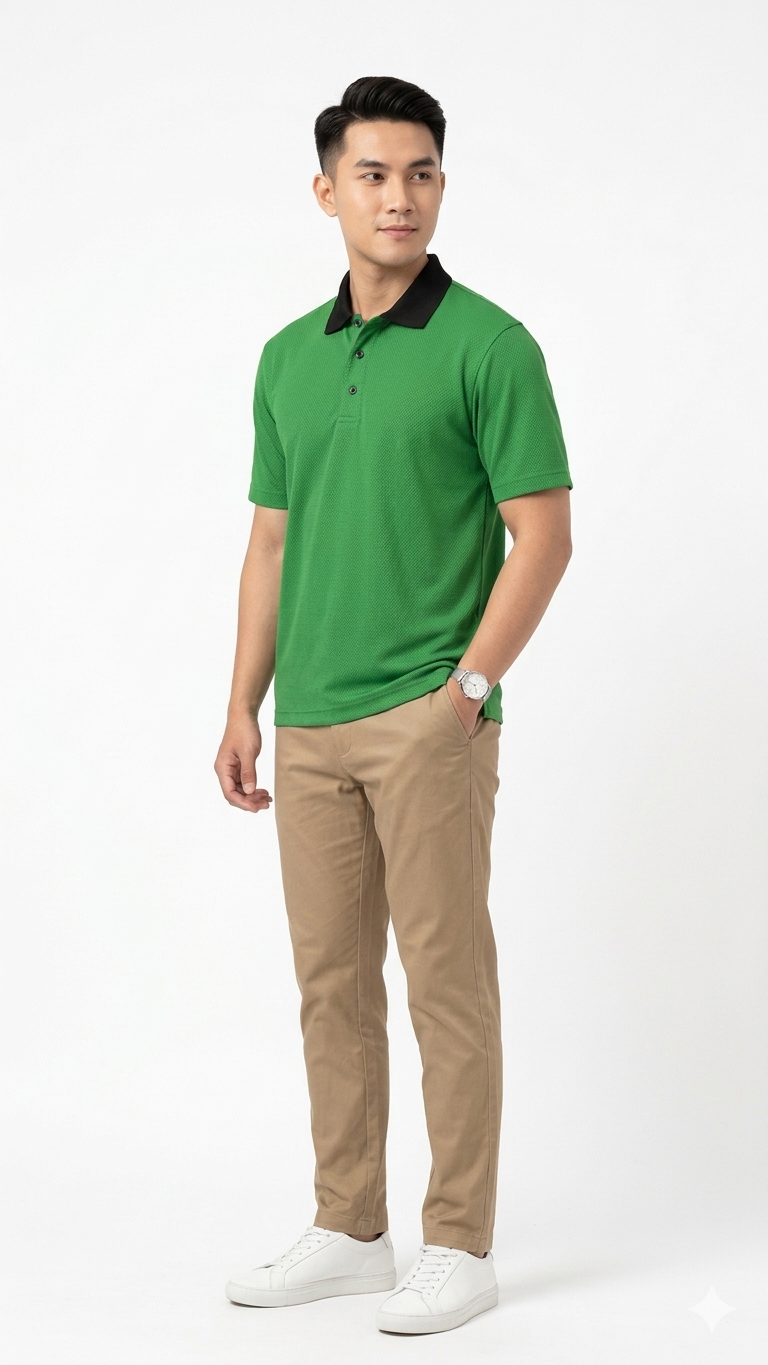 Full body shot of asian male model wearing the green polo t shirt listed